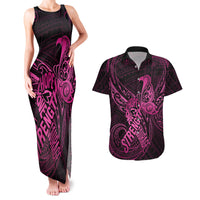 Polynesia Breast Cancer Awareness Couples Matching Tank Maxi Dress and Hawaiian Shirt No One Fights Alone Pink Ribbon With Butterfly - Wonder Print Shop