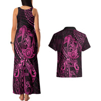Polynesia Breast Cancer Awareness Couples Matching Tank Maxi Dress and Hawaiian Shirt No One Fights Alone Pink Ribbon With Butterfly - Wonder Print Shop