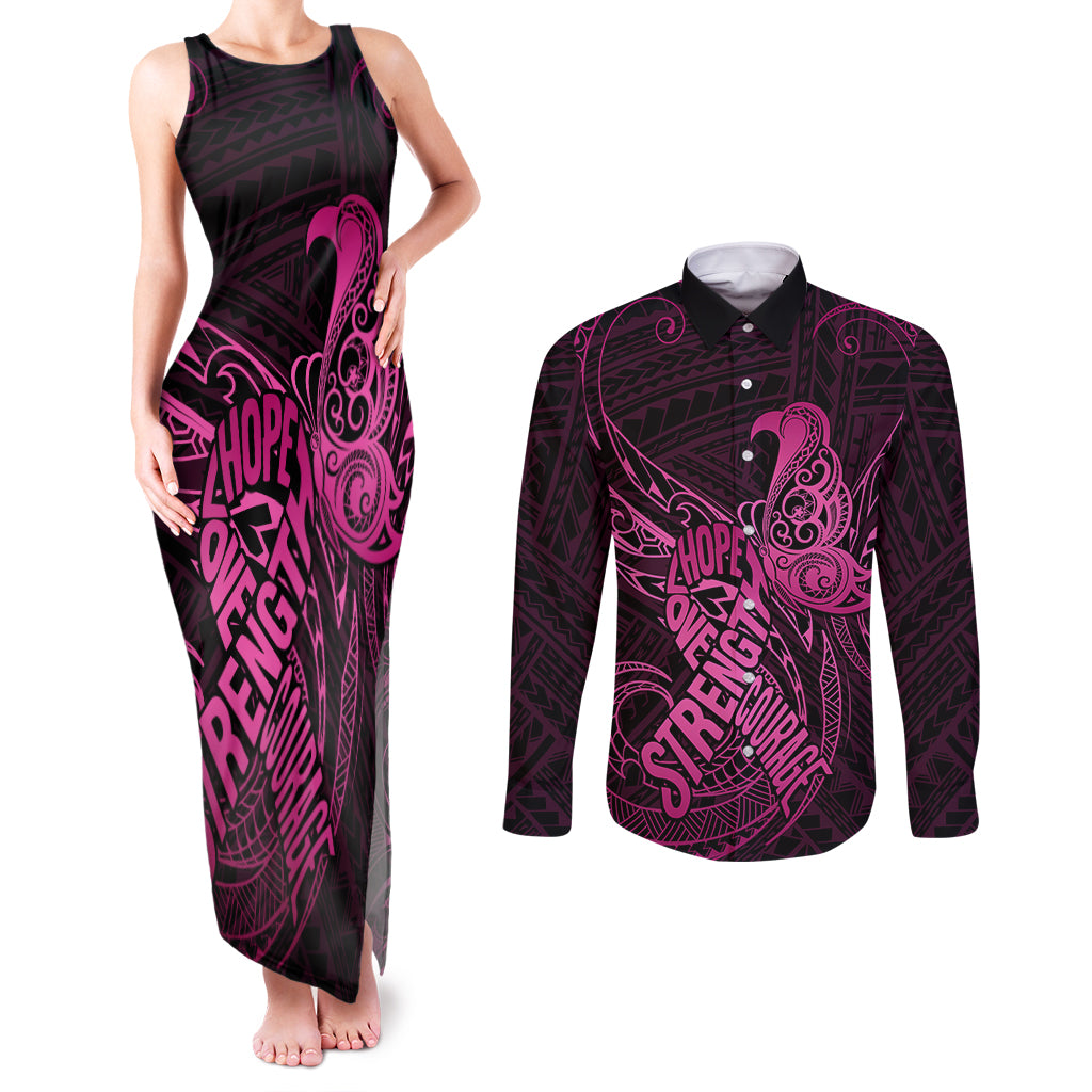 Polynesia Breast Cancer Awareness Couples Matching Tank Maxi Dress and Long Sleeve Button Shirts No One Fights Alone Pink Ribbon With Butterfly - Wonder Print Shop