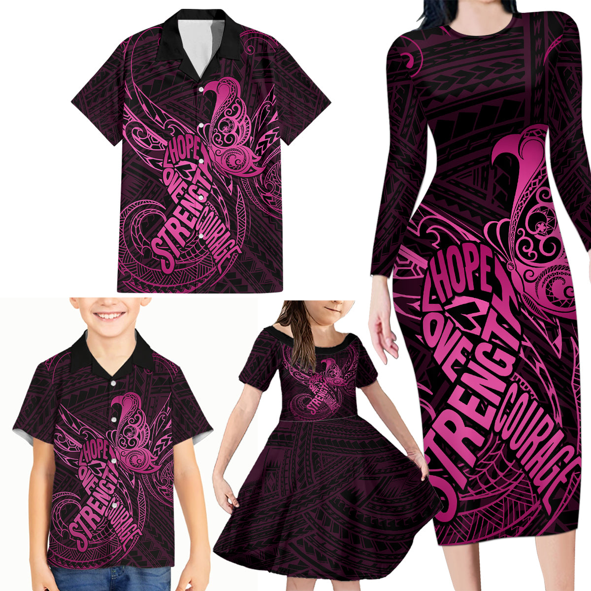 Polynesia Breast Cancer Awareness Family Matching Long Sleeve Bodycon Dress and Hawaiian Shirt No One Fights Alone Pink Ribbon With Butterfly - Wonder Print Shop
