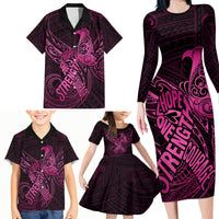 Polynesia Breast Cancer Awareness Family Matching Long Sleeve Bodycon Dress and Hawaiian Shirt No One Fights Alone Pink Ribbon With Butterfly - Wonder Print Shop