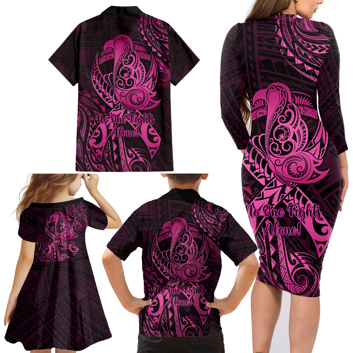 Polynesia Breast Cancer Awareness Family Matching Long Sleeve Bodycon Dress and Hawaiian Shirt No One Fights Alone Pink Ribbon With Butterfly - Wonder Print Shop