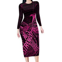 Polynesia Breast Cancer Awareness Family Matching Long Sleeve Bodycon Dress and Hawaiian Shirt No One Fights Alone Pink Ribbon With Butterfly - Wonder Print Shop