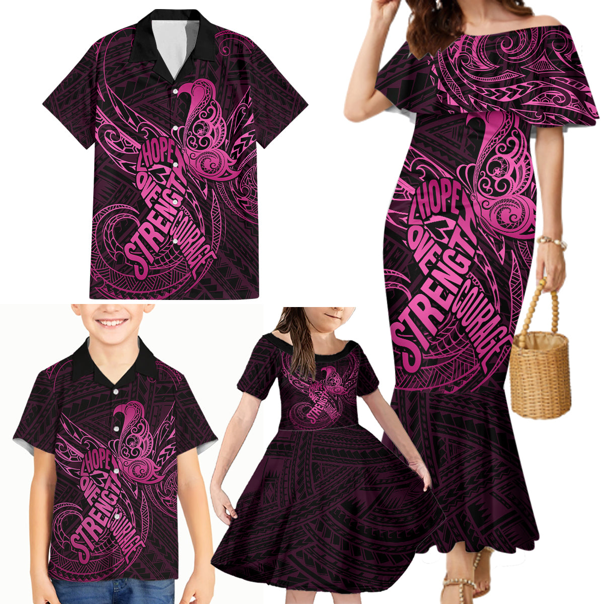 Polynesia Breast Cancer Awareness Family Matching Mermaid Dress and Hawaiian Shirt No One Fights Alone Pink Ribbon With Butterfly - Wonder Print Shop