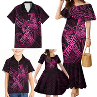 Polynesia Breast Cancer Awareness Family Matching Mermaid Dress and Hawaiian Shirt No One Fights Alone Pink Ribbon With Butterfly - Wonder Print Shop