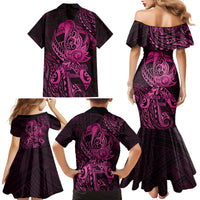 Polynesia Breast Cancer Awareness Family Matching Mermaid Dress and Hawaiian Shirt No One Fights Alone Pink Ribbon With Butterfly - Wonder Print Shop