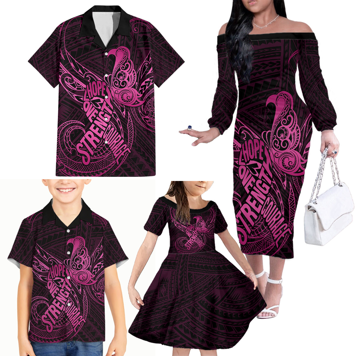 Polynesia Breast Cancer Awareness Family Matching Off Shoulder Long Sleeve Dress and Hawaiian Shirt No One Fights Alone Pink Ribbon With Butterfly - Wonder Print Shop