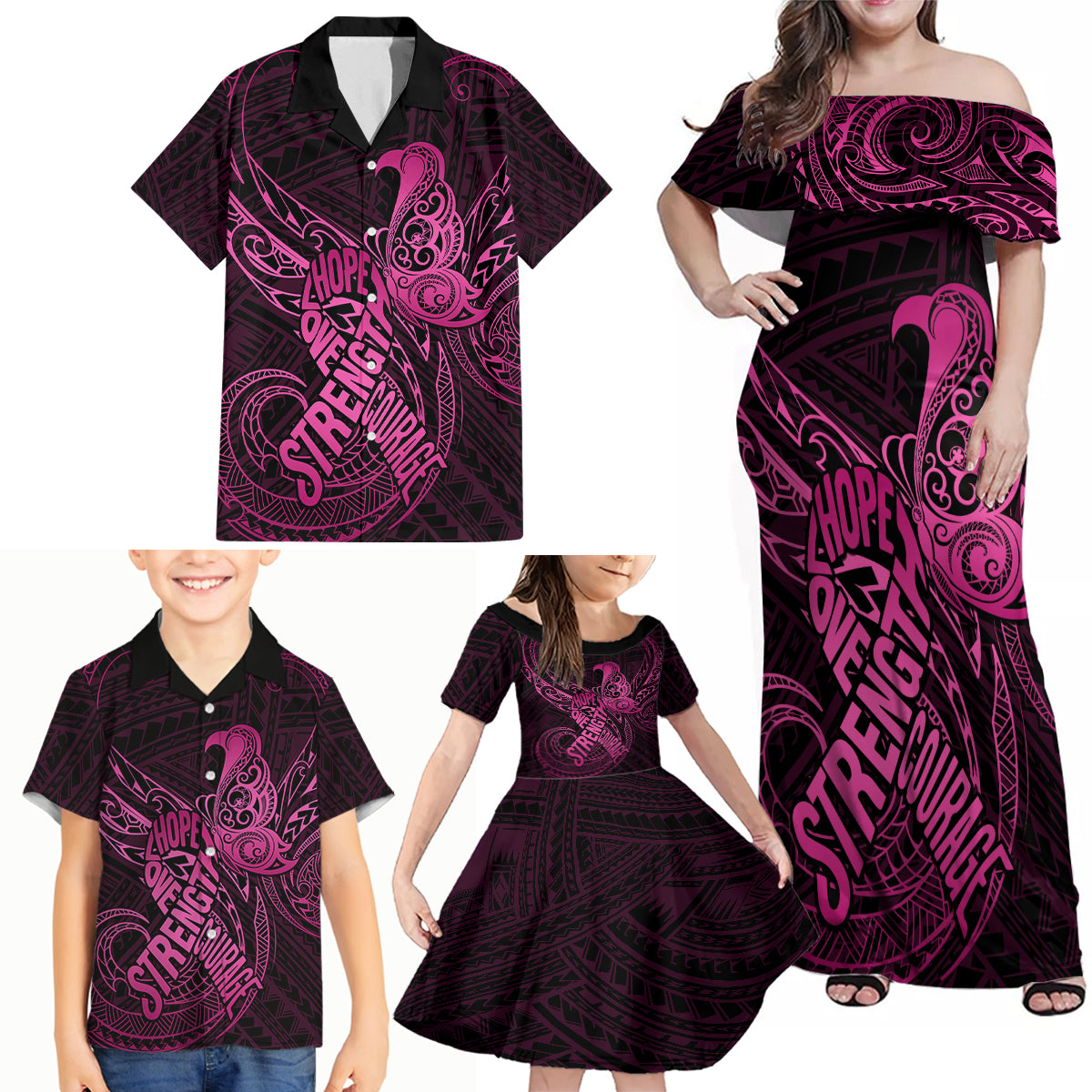 Polynesia Breast Cancer Awareness Family Matching Off Shoulder Maxi Dress and Hawaiian Shirt No One Fights Alone Pink Ribbon With Butterfly - Wonder Print Shop