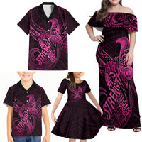 Polynesia Breast Cancer Awareness Family Matching Off Shoulder Maxi Dress and Hawaiian Shirt No One Fights Alone Pink Ribbon With Butterfly - Wonder Print Shop