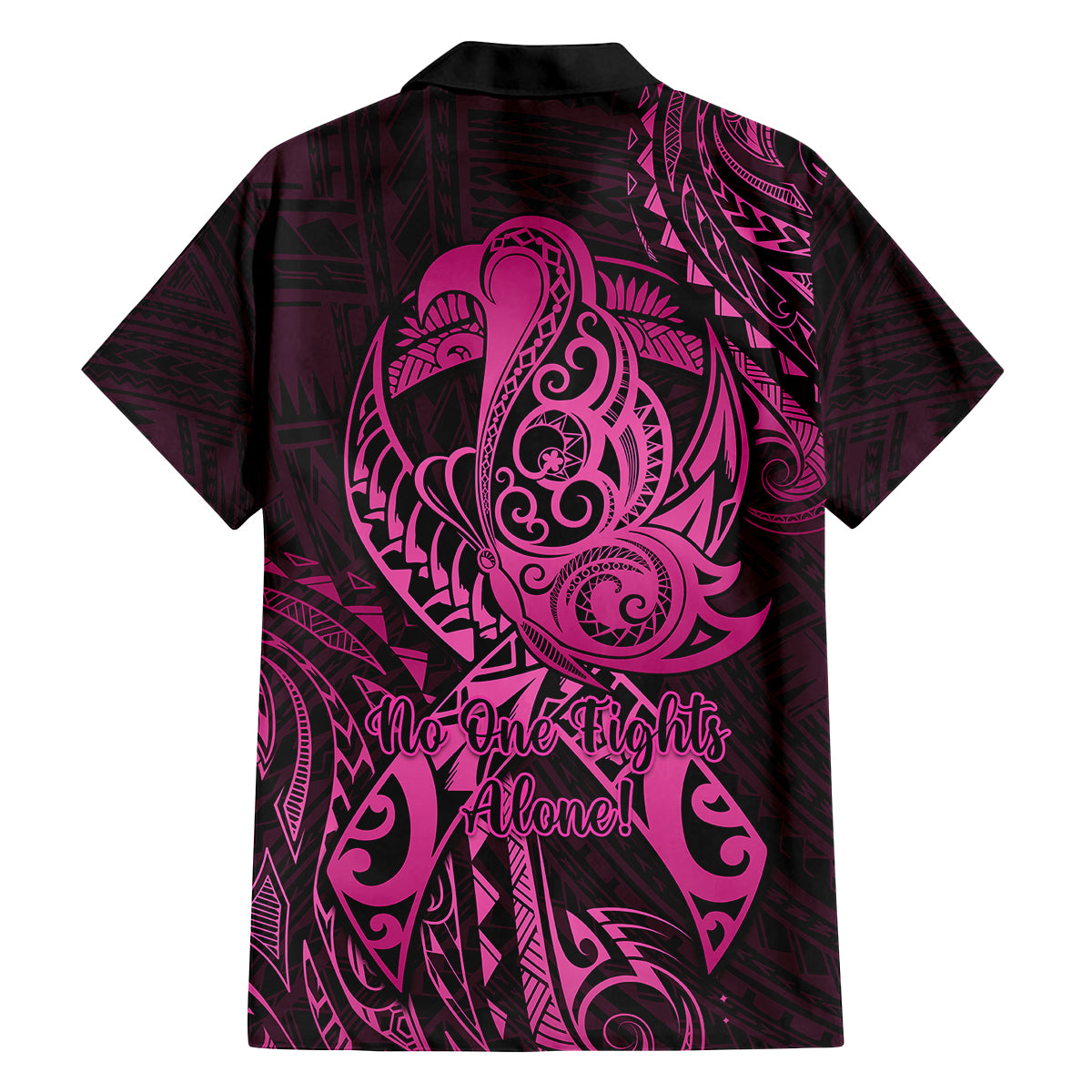 Polynesia Breast Cancer Awareness Family Matching Off Shoulder Maxi Dress and Hawaiian Shirt No One Fights Alone Pink Ribbon With Butterfly - Wonder Print Shop