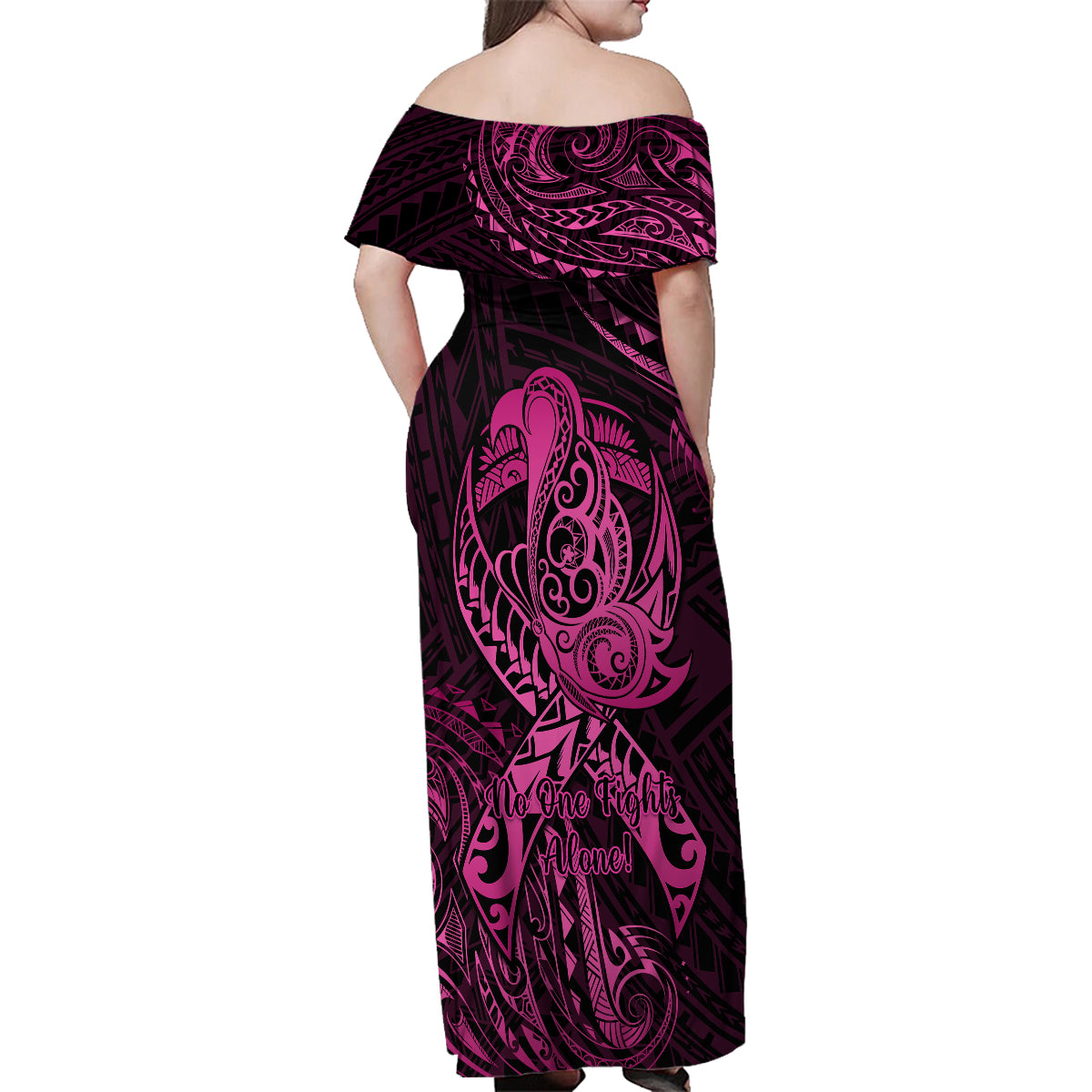 Polynesia Breast Cancer Awareness Family Matching Off Shoulder Maxi Dress and Hawaiian Shirt No One Fights Alone Pink Ribbon With Butterfly - Wonder Print Shop