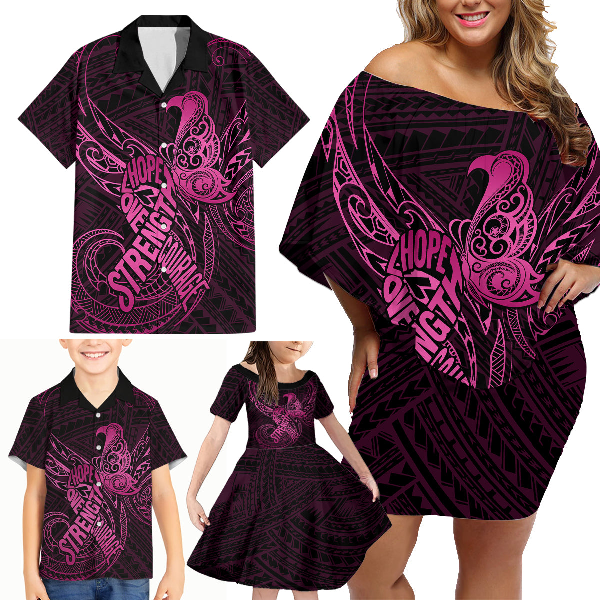 Polynesia Breast Cancer Awareness Family Matching Off Shoulder Short Dress and Hawaiian Shirt No One Fights Alone Pink Ribbon With Butterfly - Wonder Print Shop