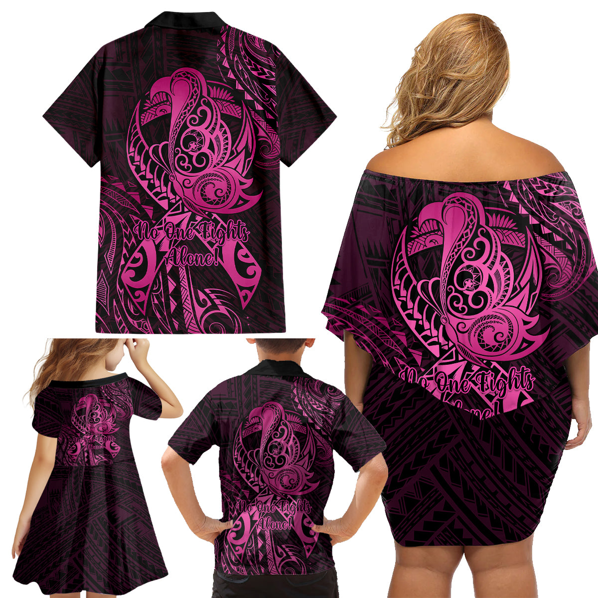 Polynesia Breast Cancer Awareness Family Matching Off Shoulder Short Dress and Hawaiian Shirt No One Fights Alone Pink Ribbon With Butterfly - Wonder Print Shop