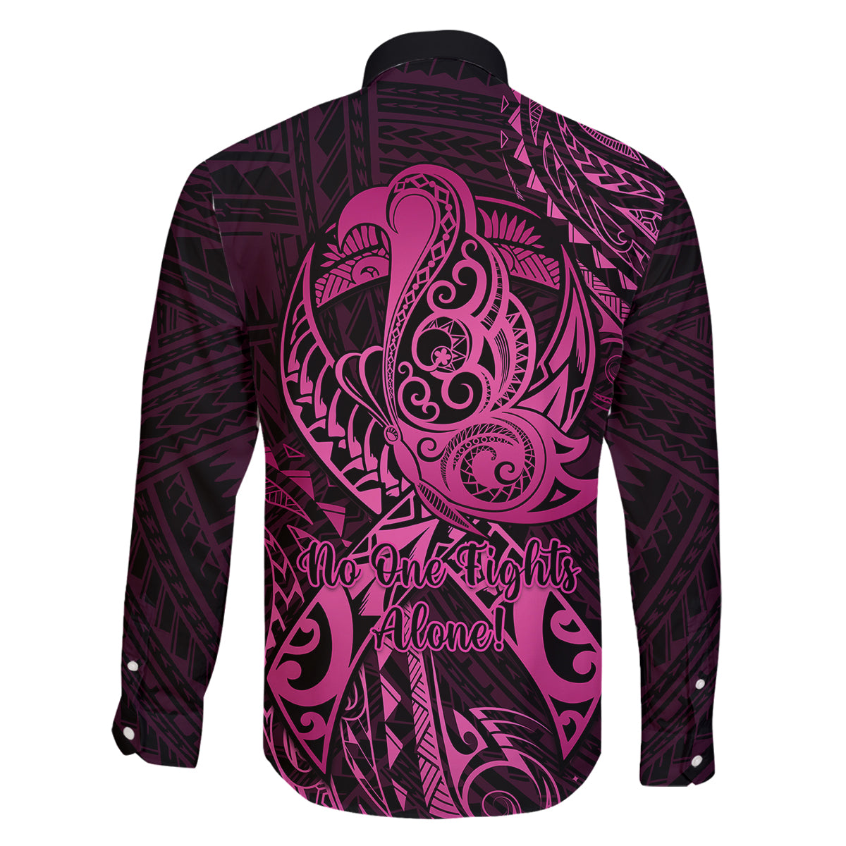 Polynesia Breast Cancer Awareness Family Matching Off Shoulder Short Dress and Hawaiian Shirt No One Fights Alone Pink Ribbon With Butterfly - Wonder Print Shop