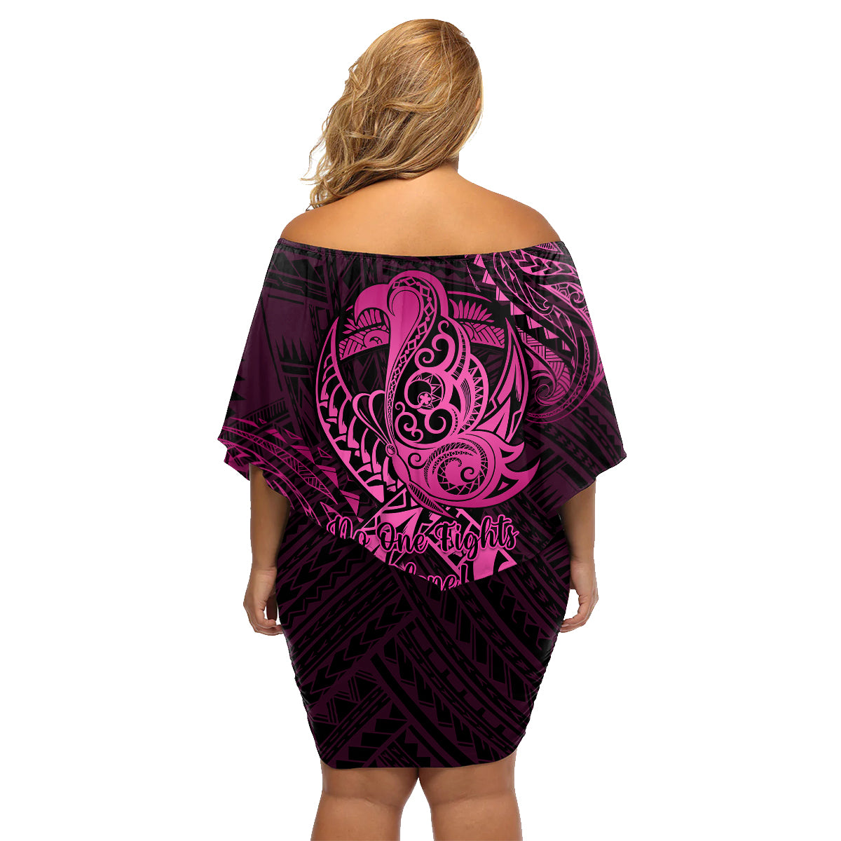 Polynesia Breast Cancer Awareness Family Matching Off Shoulder Short Dress and Hawaiian Shirt No One Fights Alone Pink Ribbon With Butterfly - Wonder Print Shop