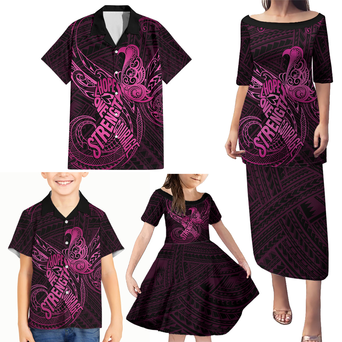 Polynesia Breast Cancer Awareness Family Matching Puletasi Dress and Hawaiian Shirt No One Fights Alone Pink Ribbon With Butterfly - Wonder Print Shop