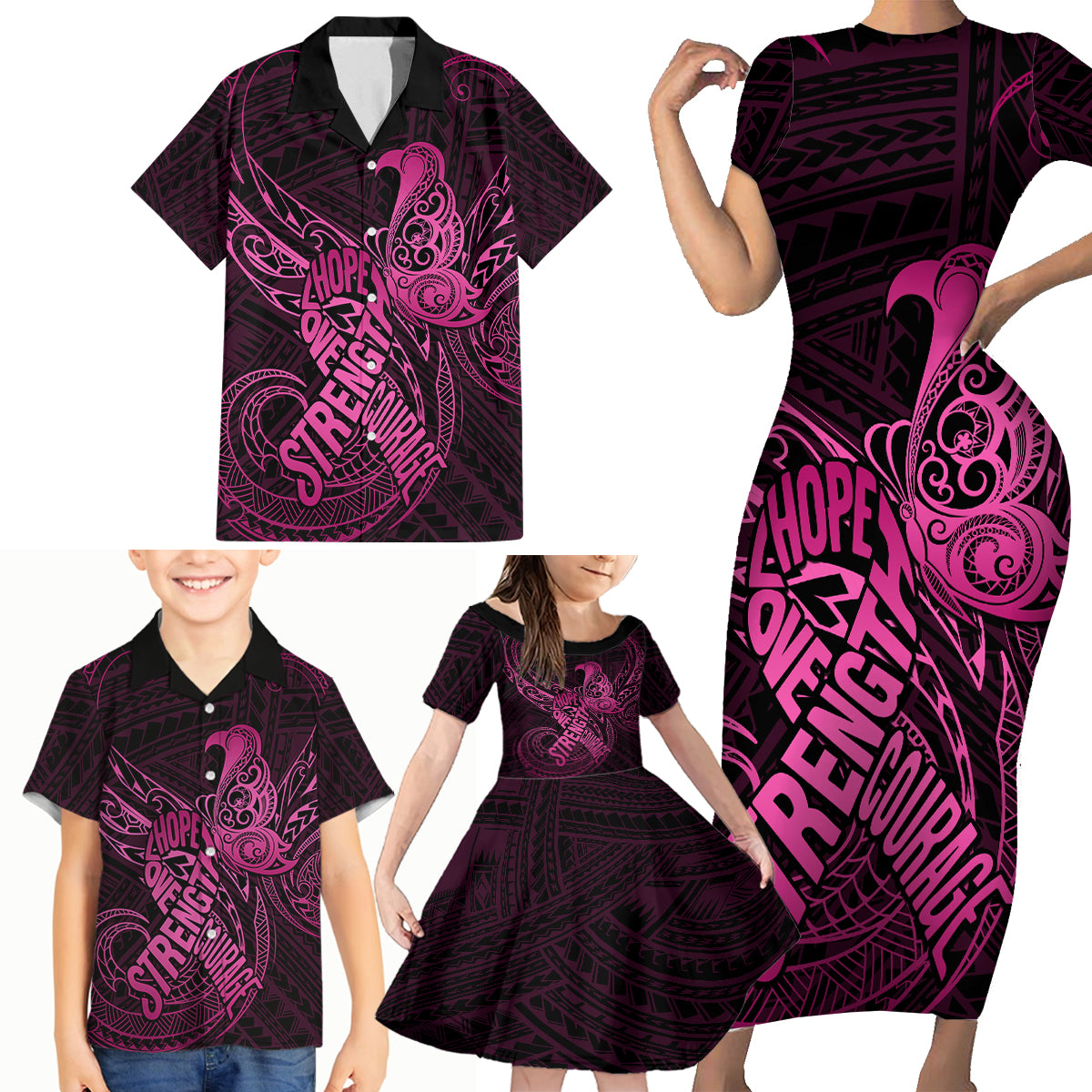 Polynesia Breast Cancer Awareness Family Matching Short Sleeve Bodycon Dress and Hawaiian Shirt No One Fights Alone Pink Ribbon With Butterfly - Wonder Print Shop