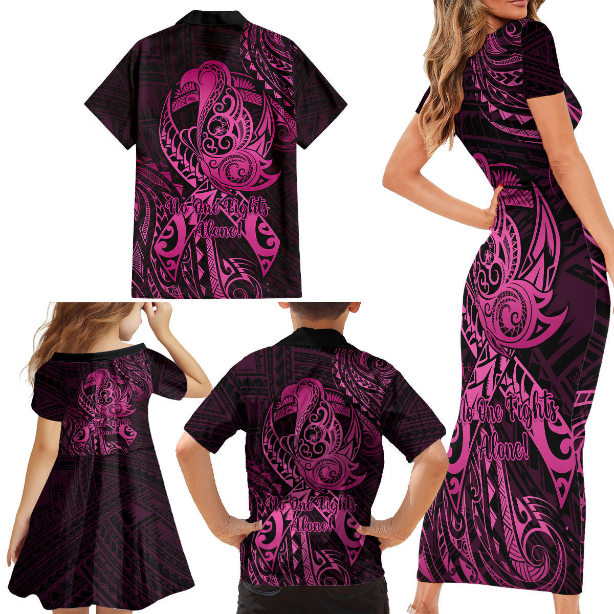 Polynesia Breast Cancer Awareness Family Matching Short Sleeve Bodycon Dress and Hawaiian Shirt No One Fights Alone Pink Ribbon With Butterfly - Wonder Print Shop