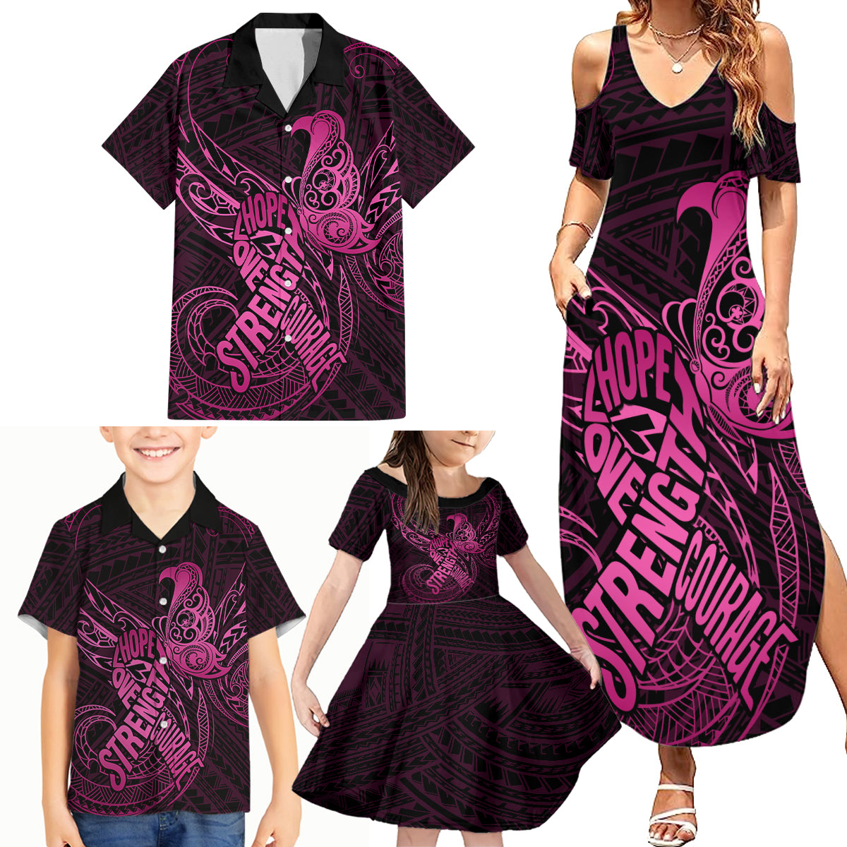 Polynesia Breast Cancer Awareness Family Matching Summer Maxi Dress and Hawaiian Shirt No One Fights Alone Pink Ribbon With Butterfly - Wonder Print Shop