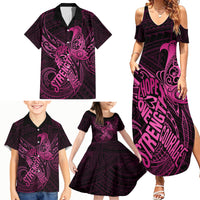 Polynesia Breast Cancer Awareness Family Matching Summer Maxi Dress and Hawaiian Shirt No One Fights Alone Pink Ribbon With Butterfly - Wonder Print Shop