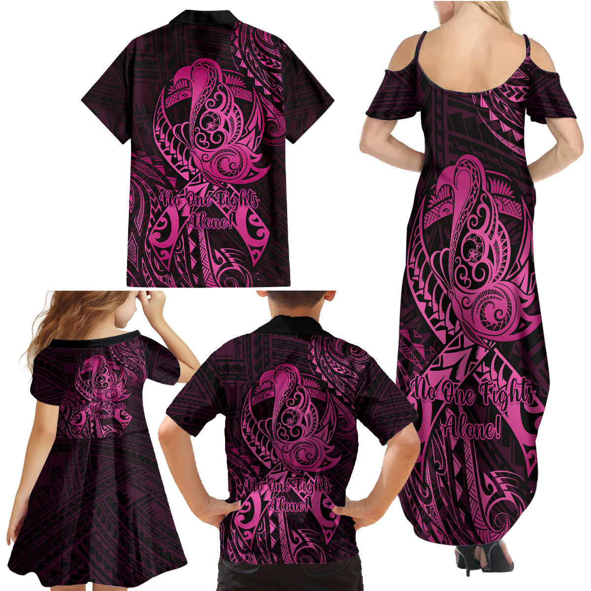 Polynesia Breast Cancer Awareness Family Matching Summer Maxi Dress and Hawaiian Shirt No One Fights Alone Pink Ribbon With Butterfly - Wonder Print Shop