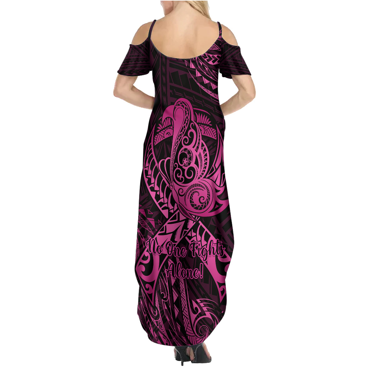 Polynesia Breast Cancer Awareness Family Matching Summer Maxi Dress and Hawaiian Shirt No One Fights Alone Pink Ribbon With Butterfly - Wonder Print Shop