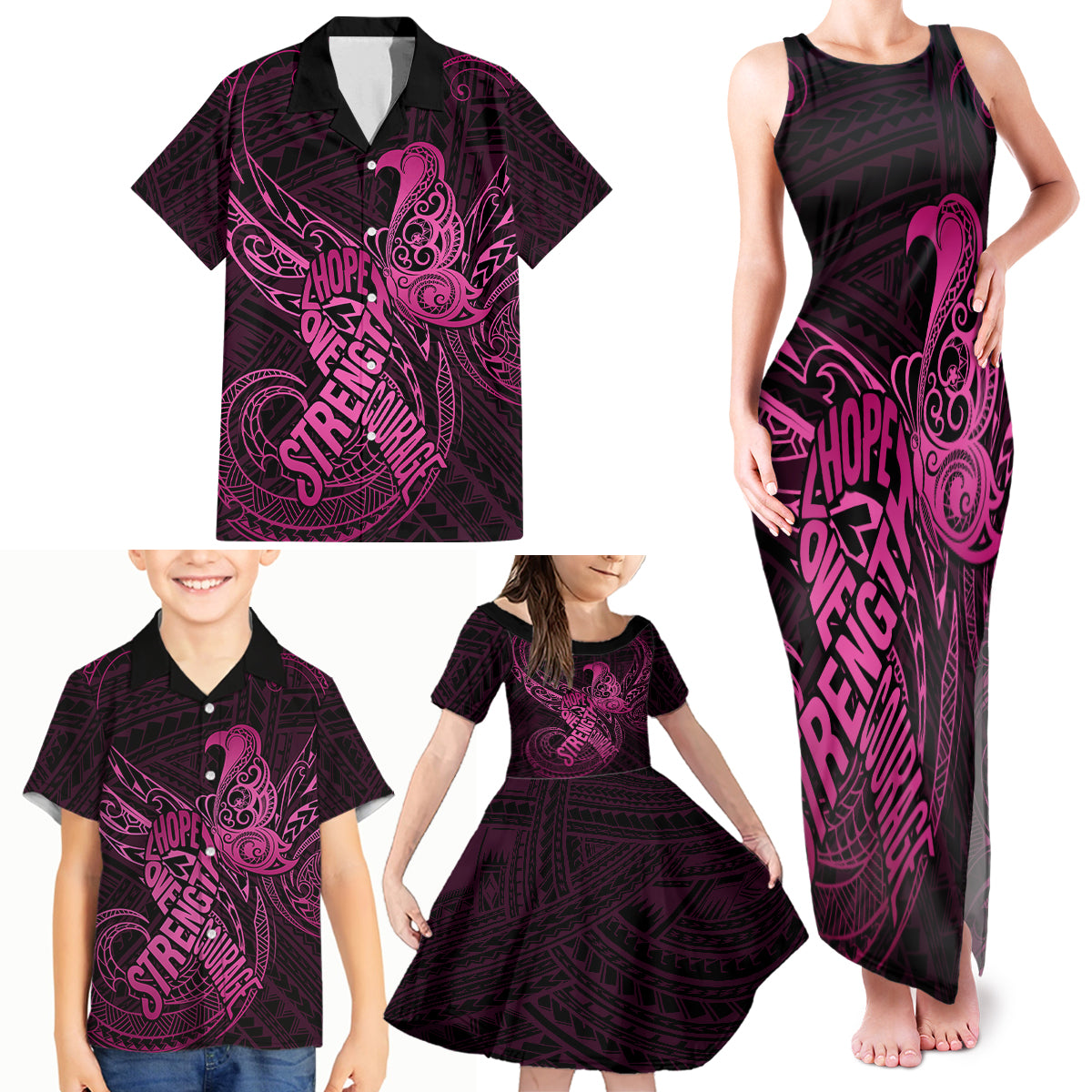 Polynesia Breast Cancer Awareness Family Matching Tank Maxi Dress and Hawaiian Shirt No One Fights Alone Pink Ribbon With Butterfly - Wonder Print Shop
