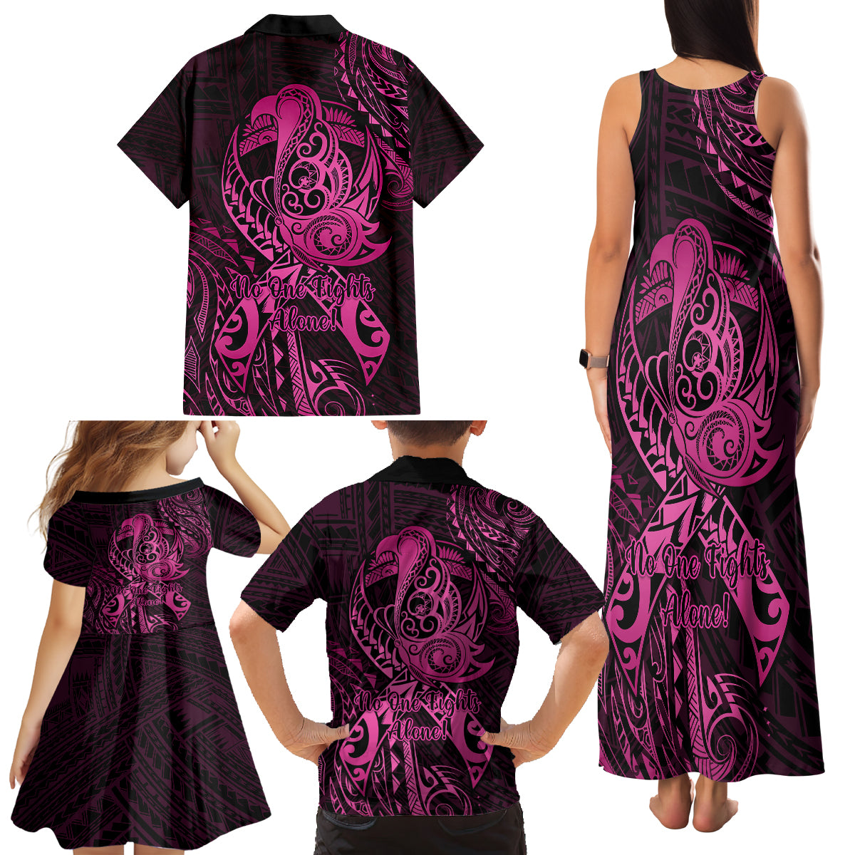 Polynesia Breast Cancer Awareness Family Matching Tank Maxi Dress and Hawaiian Shirt No One Fights Alone Pink Ribbon With Butterfly - Wonder Print Shop