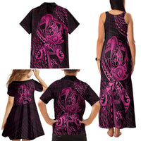 Polynesia Breast Cancer Awareness Family Matching Tank Maxi Dress and Hawaiian Shirt No One Fights Alone Pink Ribbon With Butterfly - Wonder Print Shop