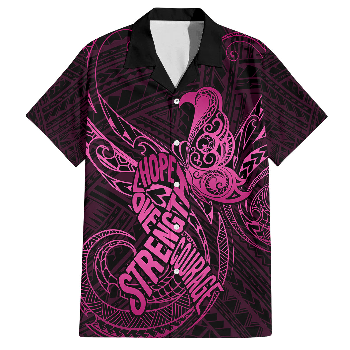 Polynesia Breast Cancer Awareness Family Matching Tank Maxi Dress and Hawaiian Shirt No One Fights Alone Pink Ribbon With Butterfly - Wonder Print Shop