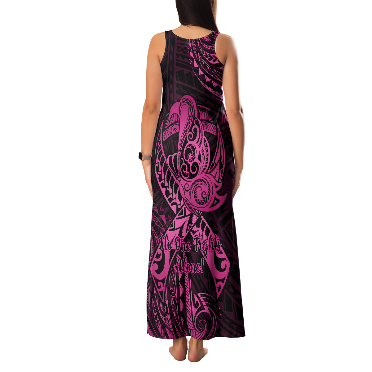 Polynesia Breast Cancer Awareness Family Matching Tank Maxi Dress and Hawaiian Shirt No One Fights Alone Pink Ribbon With Butterfly - Wonder Print Shop
