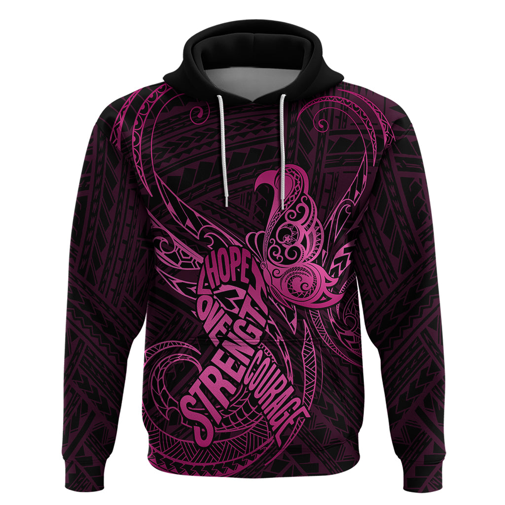 Polynesia Breast Cancer Awareness Hoodie No One Fights Alone Pink Ribbon With Butterfly - Wonder Print Shop