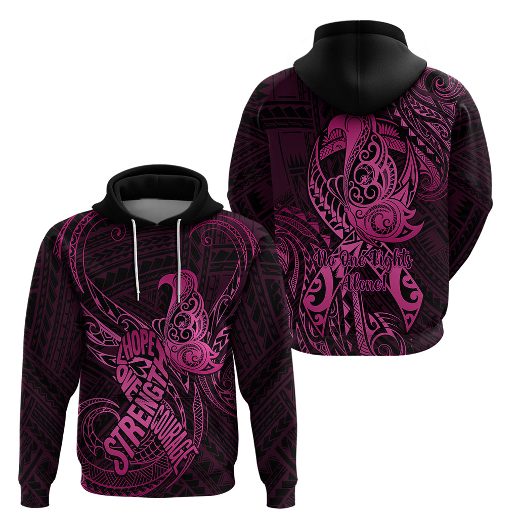 Polynesia Breast Cancer Awareness Hoodie No One Fights Alone Pink Ribbon With Butterfly - Wonder Print Shop