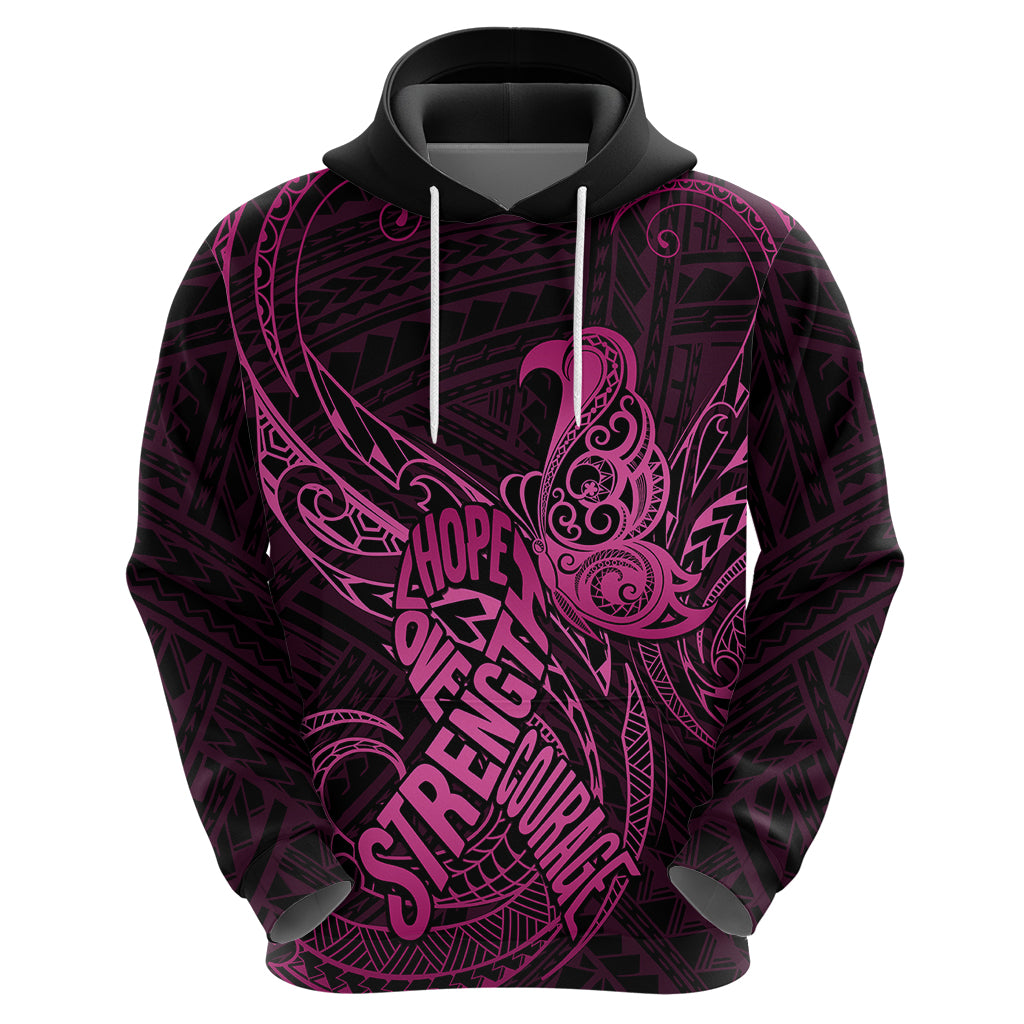 Polynesia Breast Cancer Awareness Hoodie No One Fights Alone Pink Ribbon With Butterfly - Wonder Print Shop