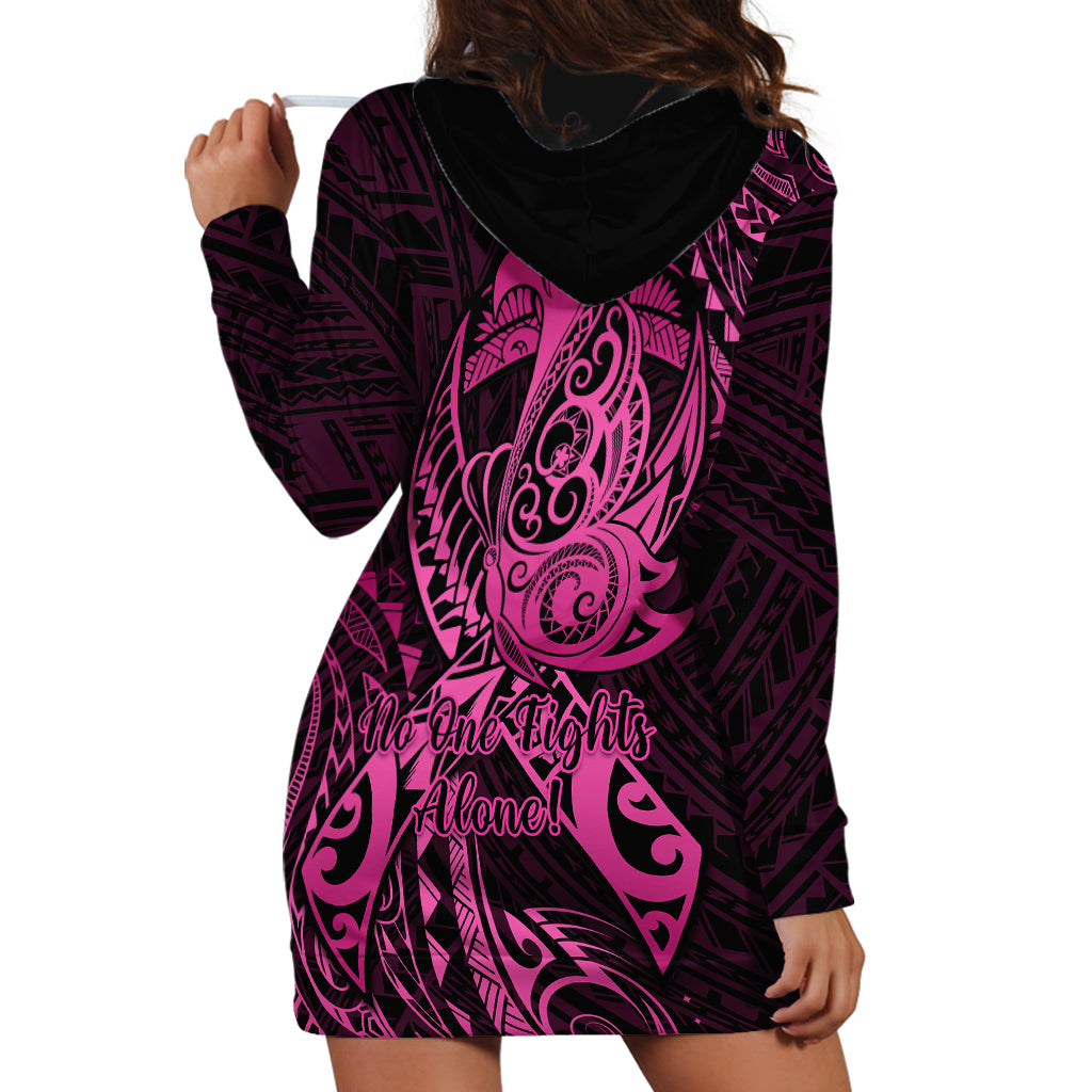 Polynesia Breast Cancer Awareness Hoodie Dress No One Fights Alone Pink Ribbon With Butterfly - Wonder Print Shop