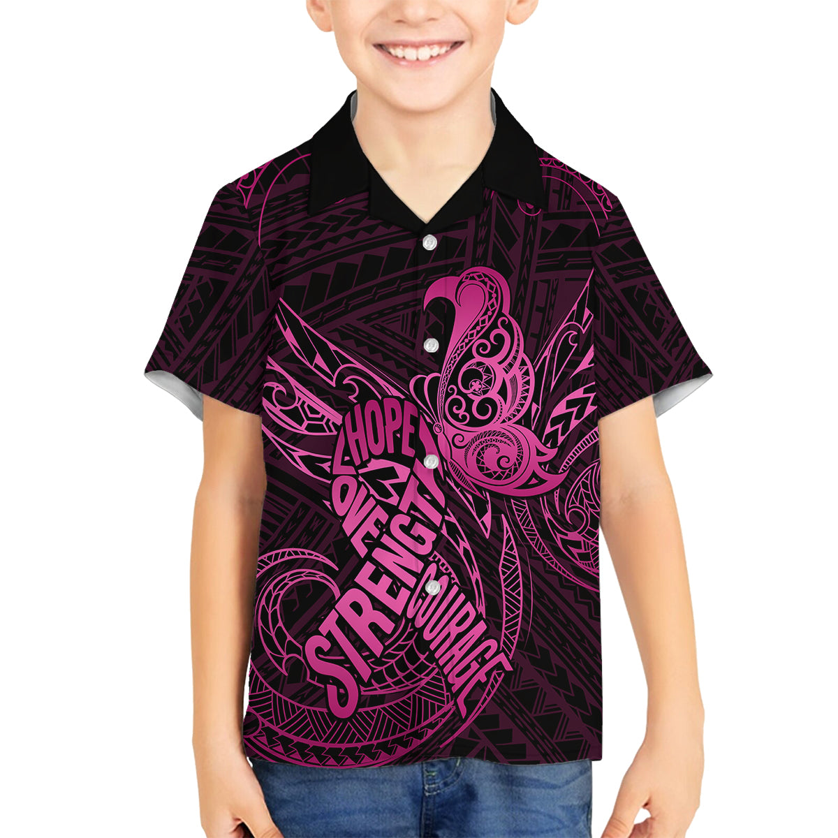 Polynesia Breast Cancer Awareness Kid Hawaiian Shirt No One Fights Alone Pink Ribbon With Butterfly - Wonder Print Shop