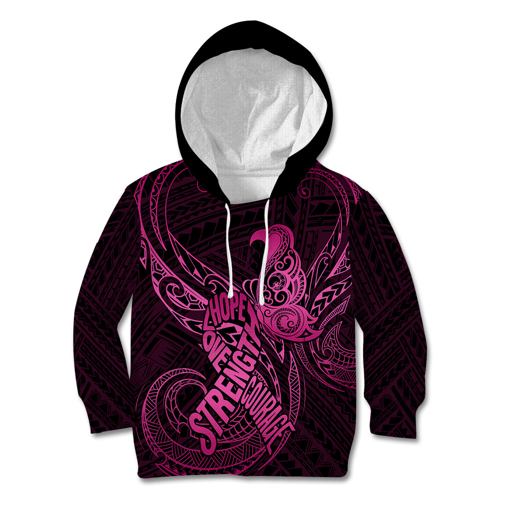 Polynesia Breast Cancer Awareness Kid Hoodie No One Fights Alone Pink Ribbon With Butterfly - Wonder Print Shop