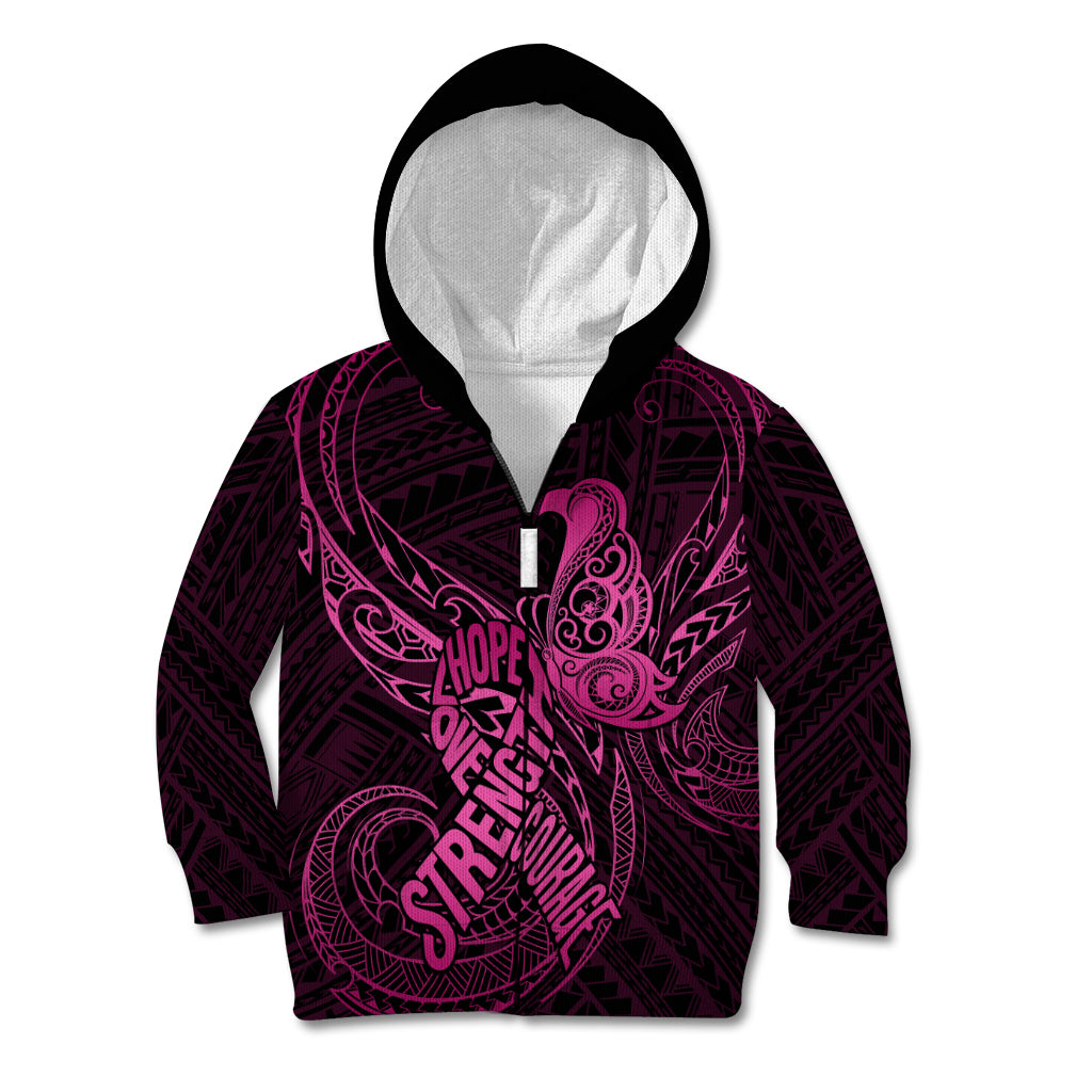 Polynesia Breast Cancer Awareness Kid Hoodie No One Fights Alone Pink Ribbon With Butterfly - Wonder Print Shop