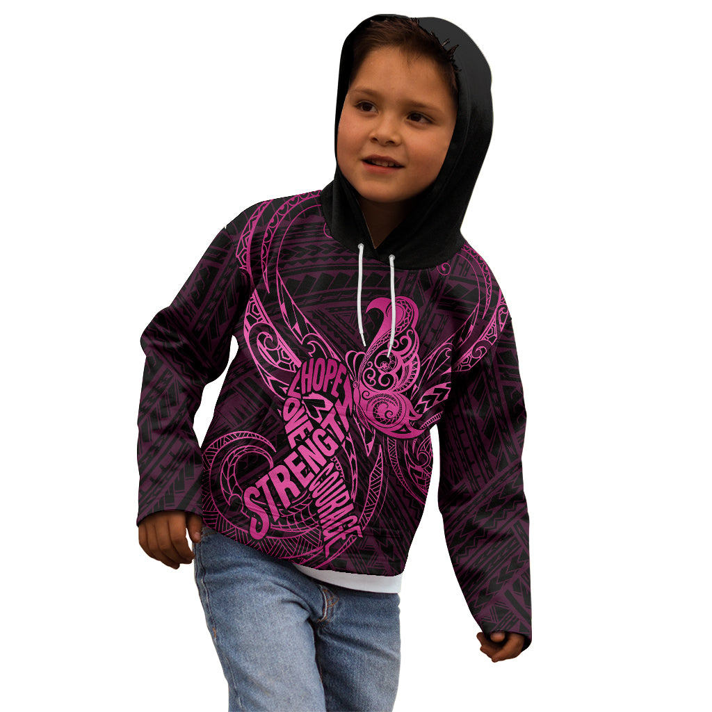 Polynesia Breast Cancer Awareness Kid Hoodie No One Fights Alone Pink Ribbon With Butterfly - Wonder Print Shop