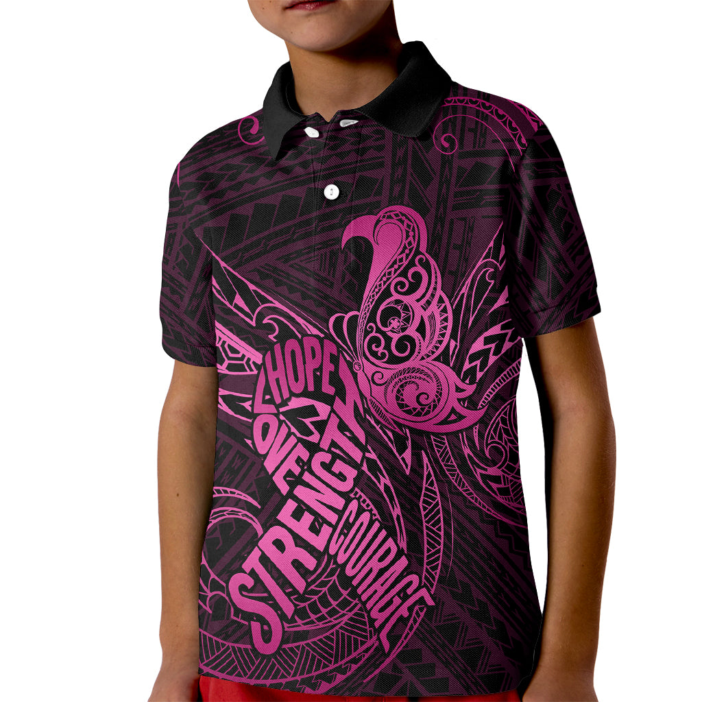 Polynesia Breast Cancer Awareness Kid Polo Shirt No One Fights Alone Pink Ribbon With Butterfly - Wonder Print Shop