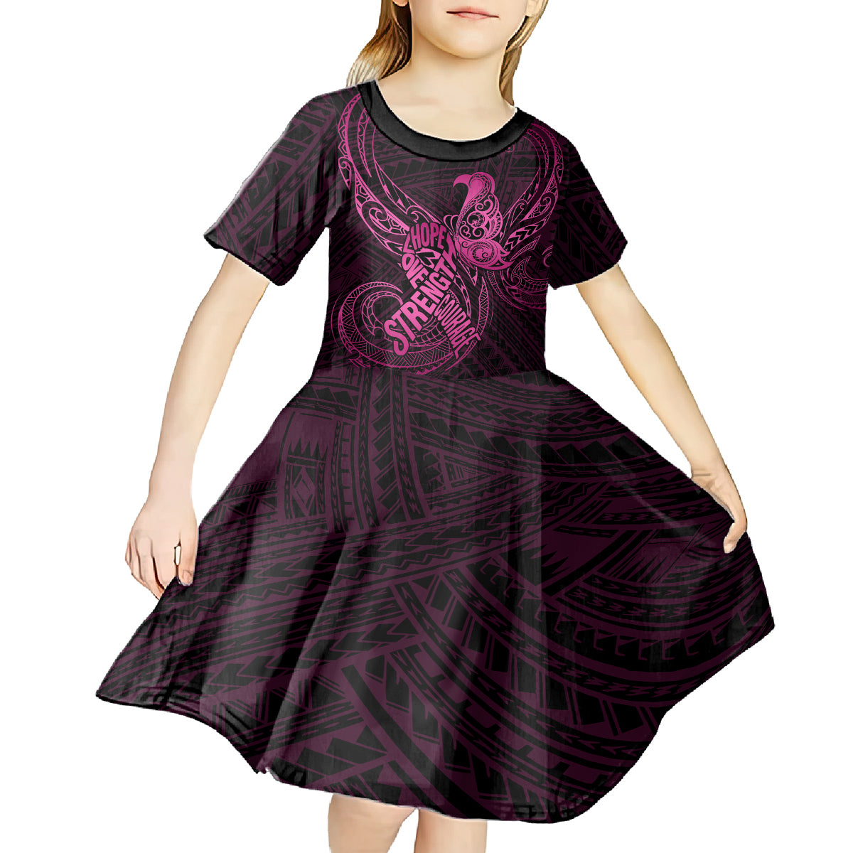 Polynesia Breast Cancer Awareness Kid Short Sleeve Dress No One Fights Alone Pink Ribbon With Butterfly - Wonder Print Shop