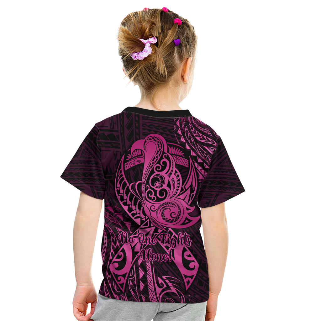 Polynesia Breast Cancer Awareness Kid T Shirt No One Fights Alone Pink Ribbon With Butterfly - Wonder Print Shop