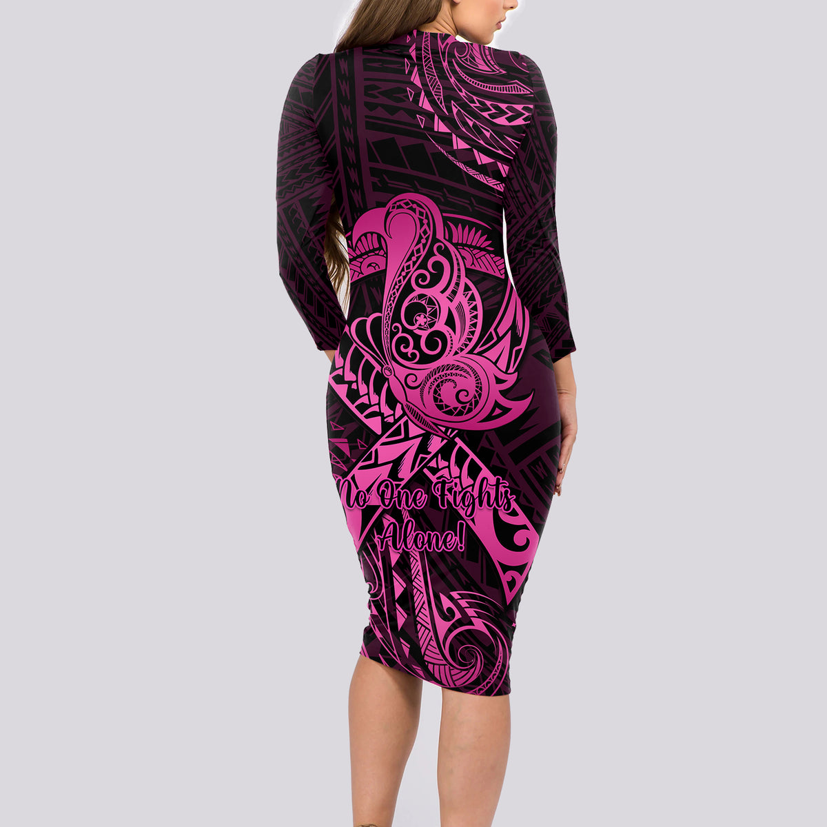 Polynesia Breast Cancer Awareness Long Sleeve Bodycon Dress No One Fights Alone Pink Ribbon With Butterfly - Wonder Print Shop