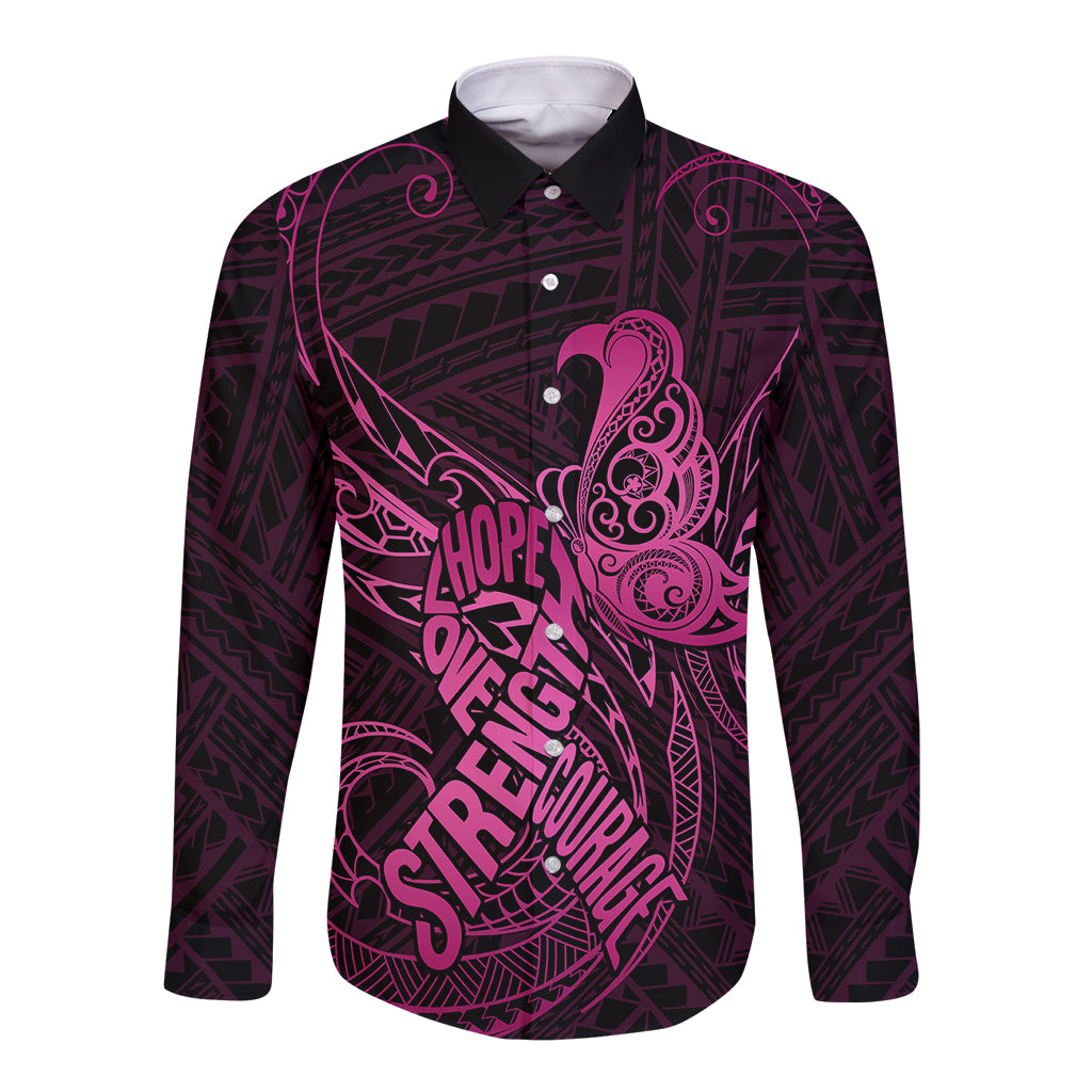 Polynesia Breast Cancer Awareness Long Sleeve Button Shirt No One Fights Alone Pink Ribbon With Butterfly - Wonder Print Shop