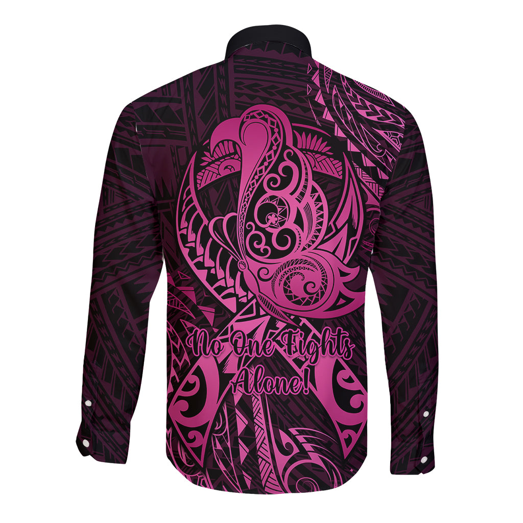 Polynesia Breast Cancer Awareness Long Sleeve Button Shirt No One Fights Alone Pink Ribbon With Butterfly - Wonder Print Shop
