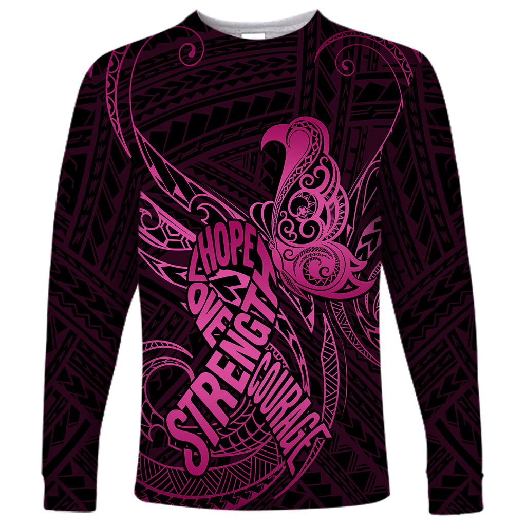 Polynesia Breast Cancer Awareness Long Sleeve Shirt No One Fights Alone Pink Ribbon With Butterfly - Wonder Print Shop