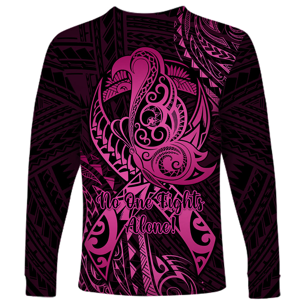 Polynesia Breast Cancer Awareness Long Sleeve Shirt No One Fights Alone Pink Ribbon With Butterfly - Wonder Print Shop