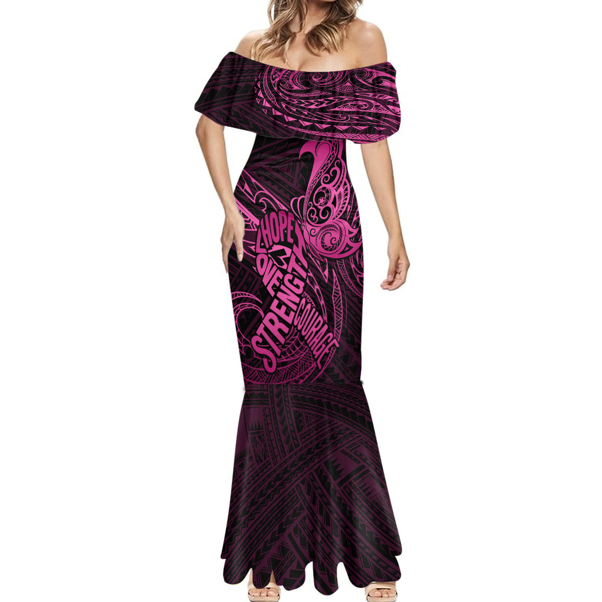 Polynesia Breast Cancer Awareness Mermaid Dress No One Fights Alone Pink Ribbon With Butterfly - Wonder Print Shop