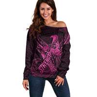 Polynesia Breast Cancer Awareness Off Shoulder Sweater No One Fights Alone Pink Ribbon With Butterfly - Wonder Print Shop