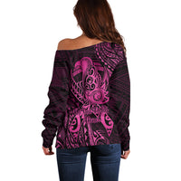 Polynesia Breast Cancer Awareness Off Shoulder Sweater No One Fights Alone Pink Ribbon With Butterfly - Wonder Print Shop
